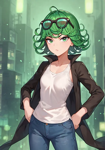 score_8_up, score_7_up, score_6_up, score_5_up, score_4_up, anime screenshot, looking at viewer, upper body,
<lora:Tatsumaki (Autism SDXL)-000007:0.7> 1girl, tatsumaki, green hair, green eyes, short hair, curly hair, thighs, looking at viewer,
white tank top, jeans, eyewear on head,
BREAK
standing, looking at viewer, city,