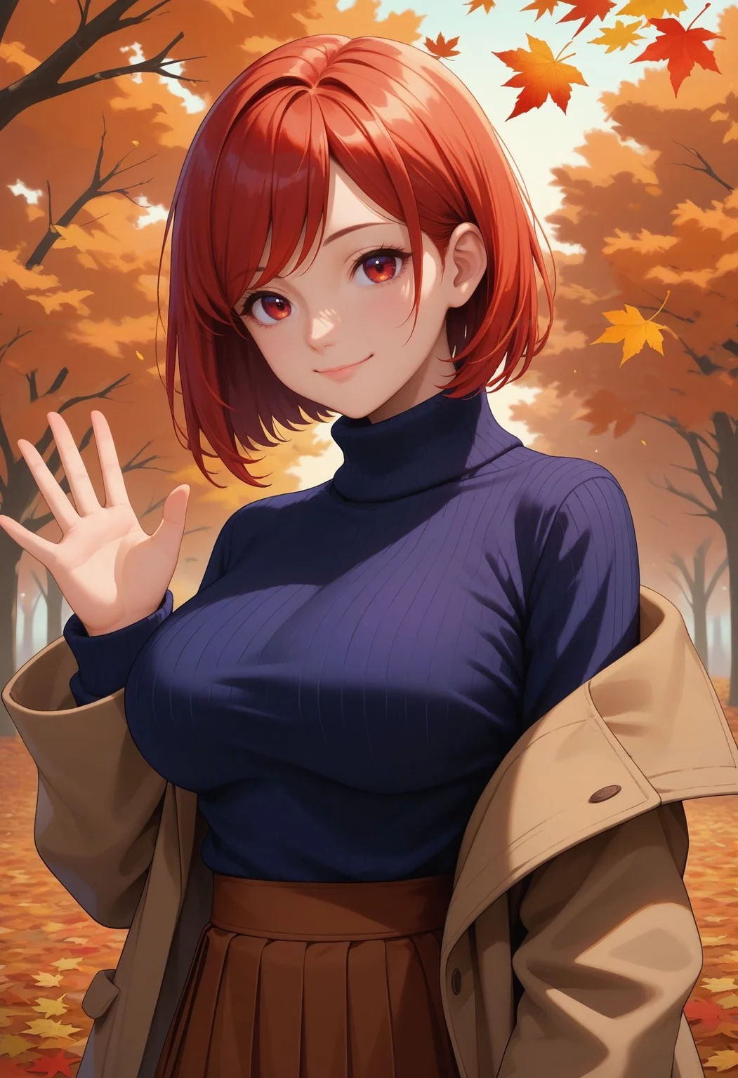 score_9, score_8_up, score_7_up, 1girl, autumn, autumn leaves, black sweater, bob cut, breasts, brown coat, brown skirt, closed mouth, coat, large breasts, leaf, leaf background, long sleeves, looking at viewer, medium hair, off shoulder, orange background, red eyes, red hair, ribbed sweater, skirt, smile, solo, sweater, swept bangs, turtleneck, turtleneck sweater, upper body, waving