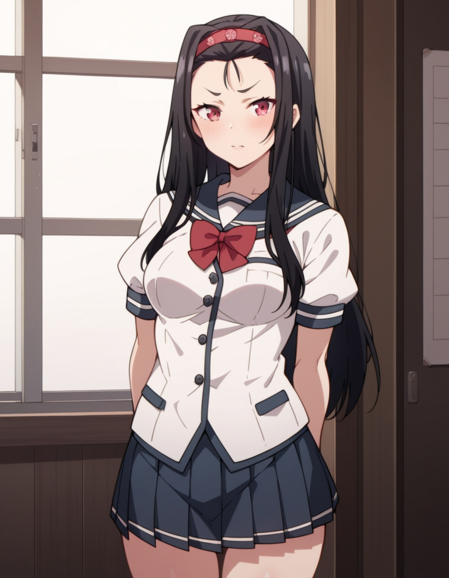 score_9, score_8_up, score_7_up, source_anime, uncensored, <lora:StS_detail_slider_v1:3>, zPDXLxxx, <lora:Asaka_Mayama_PONYXL_VexVexX:1>, AsakaMayama, 1girl, red eyes, black hair, long hair, hairband, forehead, medium breasts, school uniform, serafuku, white shirt, pleated skirt, red bowtie, cowboy shot, indoors, from front, standing, hands behind back, looking at view, thighs,