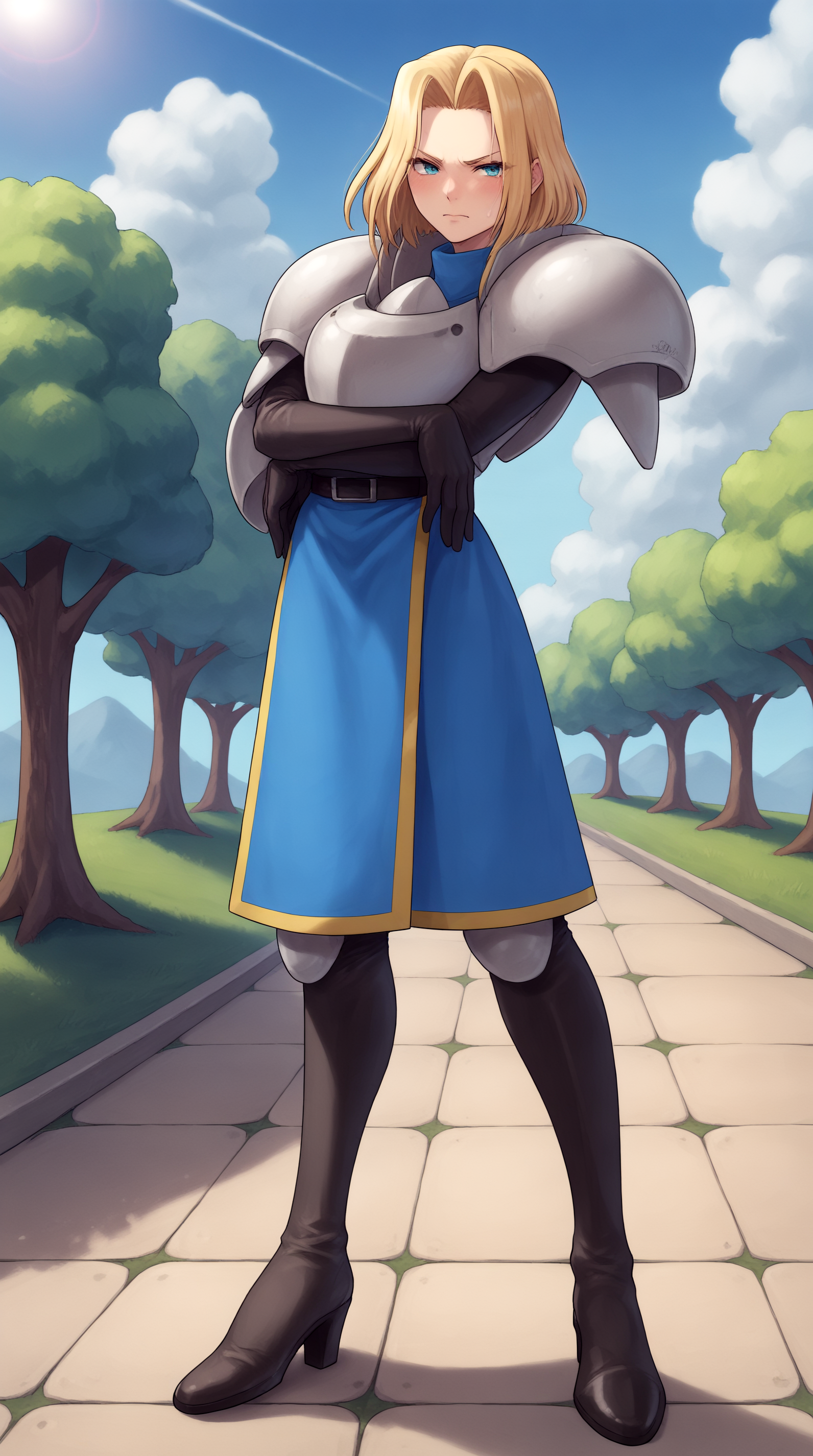 score_9, score_8_up, score_7_up, best background, detailed background, 4k, upscale, anime_source  Charlotte Christine, Main Outfit, solo, looking at viewer, holding, standing, full body, crossed arms, tsundere, outdoors, blush,  <lora:JN_Charlotte_Christine_Pony:0.8>