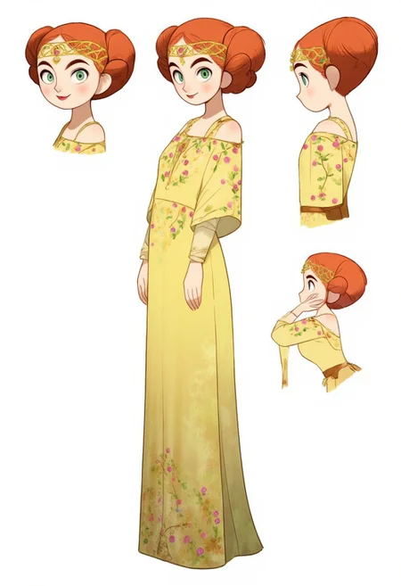SecretKells, anime oil painting, full body portrait of a beautiful young woman with red hai,reference sheet,white background,simple background,multiple views, upper body, front, from side, color palette reference, wearing Padme Amidala Yellow Naboo Picnic Dress with Celtic design. Animated, stylized, detailed portrait, mystical atmosphere. delicate off-the-shoulder dress in a pale yellow fabric adorned with intricate floral embroidery in shades of pink and green. The dress has a fitted bodice and a flowing skirt, her hair in two side buns, Her head is adorned with a golden headpiece resembling a crown intricately woven with gold and adorned with small pink flowers, high_detailed, captured in high detail, CharacterDesignFLUX