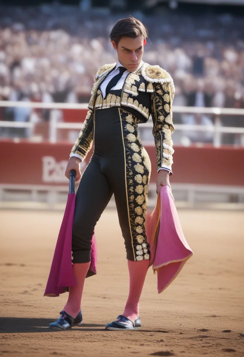 score_9, score_8_up, score_7_up, tr4j3, 1boy, arched back, twirling cape, cape, holding weapon, weapon montero, jacket, pants, navy traje, gems, flower design, bulge, fighting dinosaur in bullring, bullring, spectators, blurry background <lora:traje_PNY_Panache-000010:1>