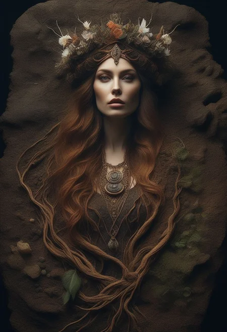 al-tr33brnch, Arttrttrt, extreme Long Shot, masterpiece, intricate detail, best quality, absurd resolution, rock elemental beautiful woman portrait, <lora:ElementEarthSDXL:1>ElementEarth, (high quality:1.4), (best quality:1.4), (masterpiece:1.4), official art, official wallpaper, surreal, wicked underworld beautiful female deity arising from the rocky soil, standing female, beautifulgoddess, (1woman:1.1), (long wavy hair:1.1), (flower crown:1.1), (mystical creatures:1.1),