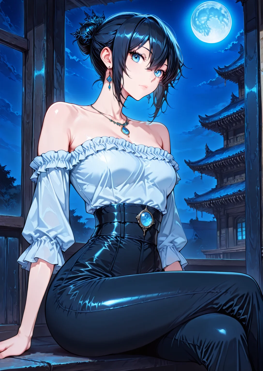 <lora:Tabitha_Helstea__The_Beginning_After_the_End__Illustrious:1>
1 girl, solo, blue eyes, black hair, hair between eyes,
black pants, off-shoulders shirt, shirt frills, bare shoulders, hair ornament, necklace, earrings, single hair bun
(Anime_source),Masterpiece,(perfect female body:1.2), small waist,(incredibly detailed:1.4), slim, looking at viewer, sitting, crossed legs, night, blue moon, <lora:iLLMythG0thicL1nes:1>