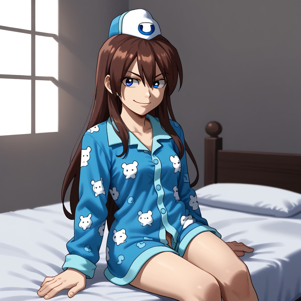 1girl,solo,brown hair,hat,pajamas,long hair,blue eyes,smirk,bedroom background,sitting,bed