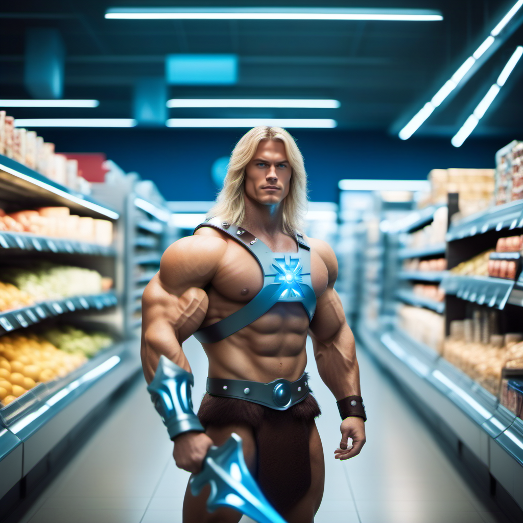 cinematic photo a muscular man, blond long hair, blue eyes, boots, manly, armor, energy sword, in a grocery store <lora:He-man1024:0.8> . 35mm photograph, film, bokeh, professional, 4k, highly detailed