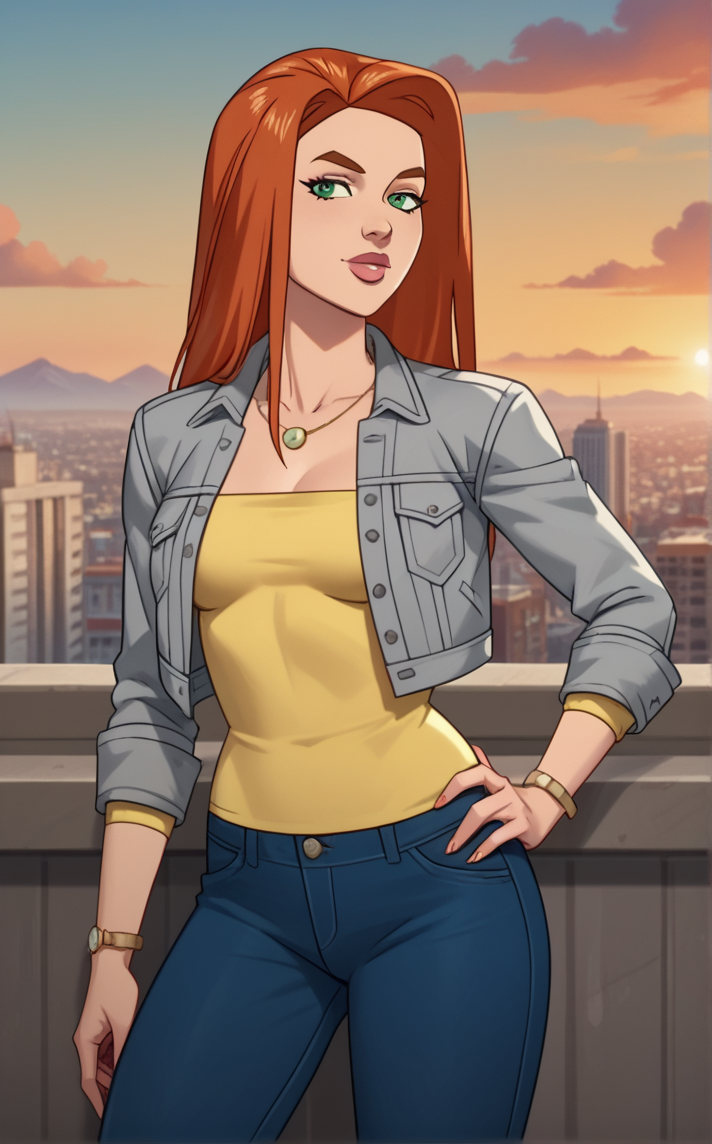 score_9, score_8_up, score_7_up, absurdres,contrapposto, hand on hip, sunset, sidelighting, cityscape, vanishing point, outdoors, depth of field, solo, looking at viewer,   <lora:PONYXL_Invincible_AtomEve_ownwaifu:0.85>, BREAK GreyJacketYellowShirt_AtomEve_ownwaifu, 1girl, orange hair, shiny hair, straight hair, eyelashes, green eyes, long hair, nose, thick eyebrows, thick lips, jewelry, necklace, yellow shirt, grey jacket, jeans, blue pants, denim, open jacket, denim jacket, pocket, long sleeves, breasts,      <lora:add-detail-xl:0.15>,