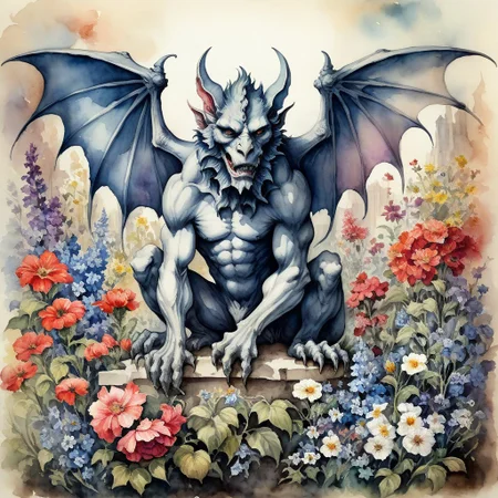 high detail, high quality, masterpiece, epic composition, watercolor on old paper, gargoyle creature amongst flowers