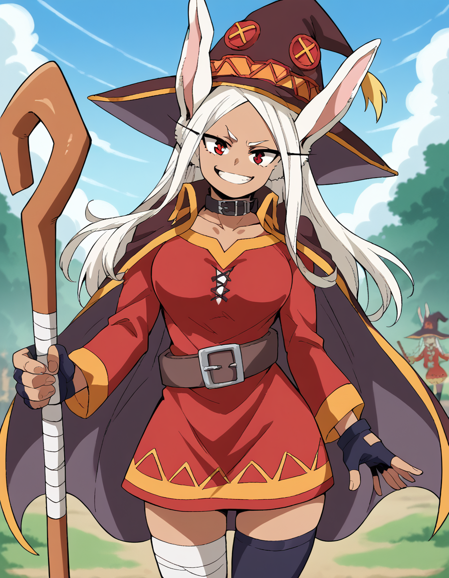 score_9, score_8_up, score_7_up, source_anime, <lora:rumi-usagiyama-ponyxl-lora-nochekaiser:1>, rumi usagiyama, long hair, animal ears, white hair, dark skin, rabbit ears, dark-skinned female, rabbit girl, red eyes, parted bangs, large breasts, <lora:megumin-cosplay-ponyxl-lora-nochekaiser:1>, megumin cosplay, megumin (cosplay), thighhighs, gloves, hat, dress, black gloves, belt, black thighhighs, fingerless gloves, cape, collar, witch hat, bandages, red dress, single thighhigh, asymmetrical legwear, bandaged leg,, staff, holding staff, smug, outdoors, looking at viewer, cowboy shot,