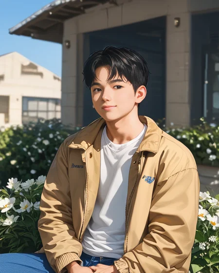 score_9, score_8_up, score_7_up, Korean, <lora:Expressive_H:1>, ((handsome young cute man:1.2, light skin)), ((23yo)),(focus male, solo:1.1), masterpiece, best quality,
The image features a young man sitting on the edge of a rock with a relaxed posture. He is dressed in a casual outfit that consists of white beige trousers and a matching beige jacket. Underneath the jacket, a white t-shirt is visible. The man is holding a small bouquet of flowers, which he seems to be presenting or offering.
He is slight smiling and looking directly towards the camera, conveying a sense of joy or anticipation. The man has short, dark hair and appears to be in his late teens or early twenties. The background of the image is out of focus but suggests an outdoor setting with architectural features like a building and a structure with a corrugated metal roof.
The style of the image is candid and appears to be a lifestyle or fashion photograph, with shallow depth of field that keeps the person in sharp focus while the background fades into soft colors. The lighting is bright and even, suggesting a sunny day. There are no texts visible in the image.
<lora:tae_dong-000018:1>, tae_dong