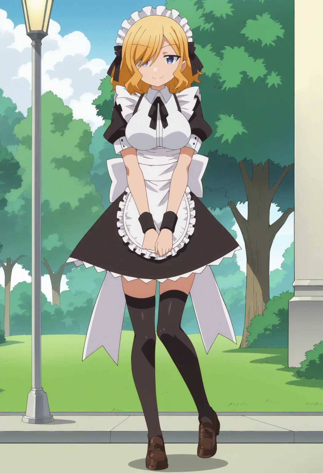 score_9, score_8_up, score_7_up, score_6_up, score_5_up, score_4_up , anime coloring ,BREAK source_anime, anime,screencap,
1boy, solo, hirot, large breasts, crossdressing, otoko no ko, black thighhighs, hair over one eye, maid uniform, maid headdress, black hair ribbon,brown loafers, maid apron, wrist cuffs, neck ribbon, <lora:PonyXL Hiro Toyotomi V1:1>
outdoors, park,
smile, looking at viewer,