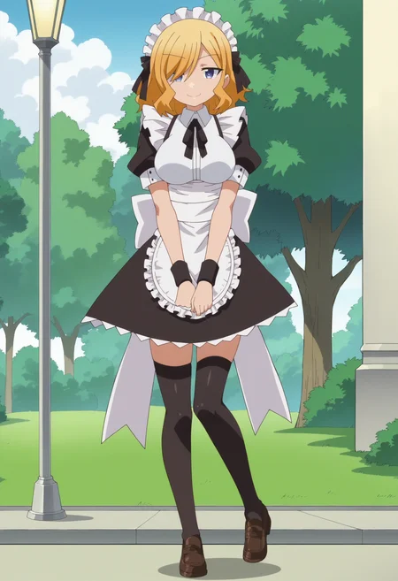 score_9, score_8_up, score_7_up, score_6_up, score_5_up, score_4_up , anime coloring ,BREAK source_anime, anime,screencap,
1boy, solo, hirot, large breasts, crossdressing, otoko no ko, black thighhighs, hair over one eye, maid uniform, maid headdress, black hair ribbon,brown loafers, maid apron, wrist cuffs, neck ribbon, <lora:PonyXL Hiro Toyotomi V1:1>
outdoors, park,
smile, looking at viewer,