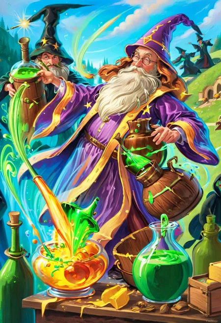 (masterpiece), (best quality), wizard mixing potions, <lora:Mary_GrandPré_Art_Style XL:1>, masterful composition, dynamic movement