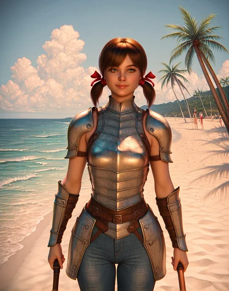 (score_9,score_8_up,score_7_up),high quality,detailled,high resolution,masterpiece,(beach, sand, outdoor, ocean, sunny, palm trees),<lora:Eyes_High_Definition:0.8>,eyeshd,<lora:StS_PonyXL_Detail_Slider_v1.4_iteration_3:1.3>,<lora:zPDXL3:1>,zPDXL3,
BREAK
posing,front view,<lora:sophia_grandmas_house:0.6> (sophia, 1girl,brown hair, small breasts, short hair),short twintails,red ribbon,hair ribbon, leather jeans, knight armor, armor, breastplate, boobplate,pauldrons, holding torch,