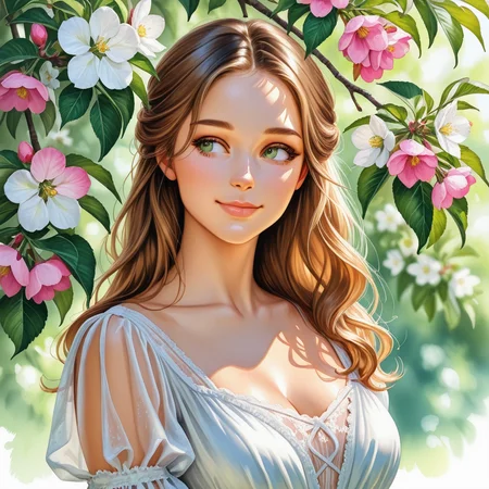 ten9erw4ter, 1girl, solo, long hair, breasts, smile, blonde hair, brown hair, dress, cleavage, medium breasts, closed mouth, green eyes, collarbone, upper body, flower, outdoors, day, white dress, blurry, lips, see-through, looking to the side, eyelashes, leaf, looking away, sunlight, white flower, lace, pink flower, realistic, branch, dappled sunlight