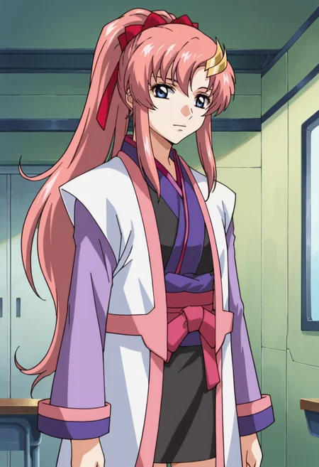 score_9,score_8_up,score_7_up,score_6_up,score_5_up,score_4_up,anime coloring,source_anime,anime,<lora:Lacus_Meer_Gundam_SEED_Pony:0.8>,lacusmeer,1girl,solo,blue eyes,pink hair,long hair,ponytail,sidelocks,moon hair ornament,red hair ribbon,s2 short kimono,s2 coat,standing,indoors,looking_at_viewer,