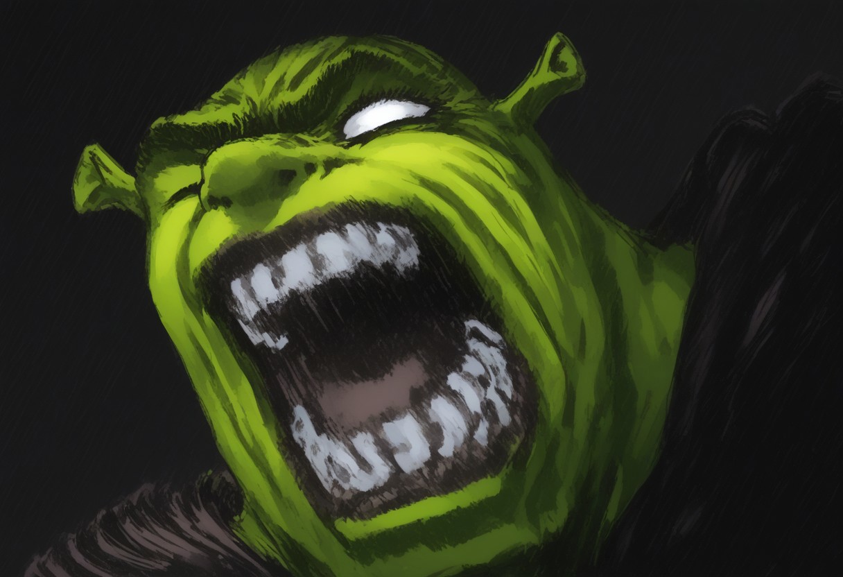score_9, score_8_up, score_7_up, portrait, beautiful, dramatic lights , blank eyes, dontstarvestyle, BREAK, 1boy, shrek, green skin, berserkscream. griffithscream. open mouth. teeth. scream. screaming..