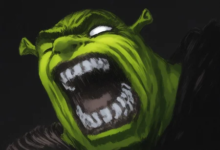 score_9, score_8_up, score_7_up, portrait, beautiful, dramatic lights , blank eyes, dontstarvestyle, BREAK, 1boy, shrek, green skin, berserkscream. griffithscream. open mouth. teeth. scream. screaming..