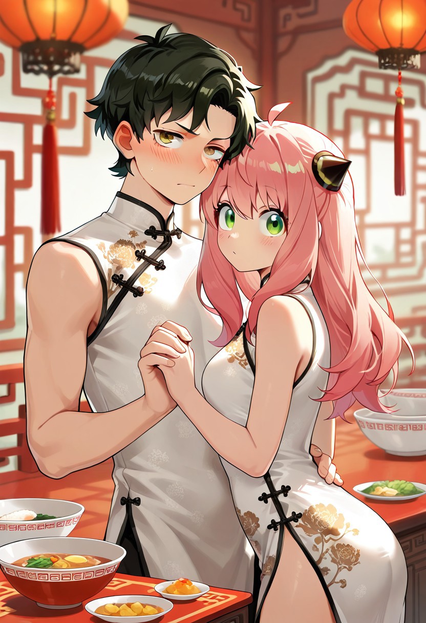 masterpiece,best quality,amazing quality, damian desmond, anya forger, green eyes, pink hair, hairpods, short hair, black hair, brown eyes, aged up, 1girl, 1boy, dress, chinese clothes, china dress, holding hands, long hair, hetero, looking at viewer, bowl, white dress, sleeveless, ahoge, blush, side slit