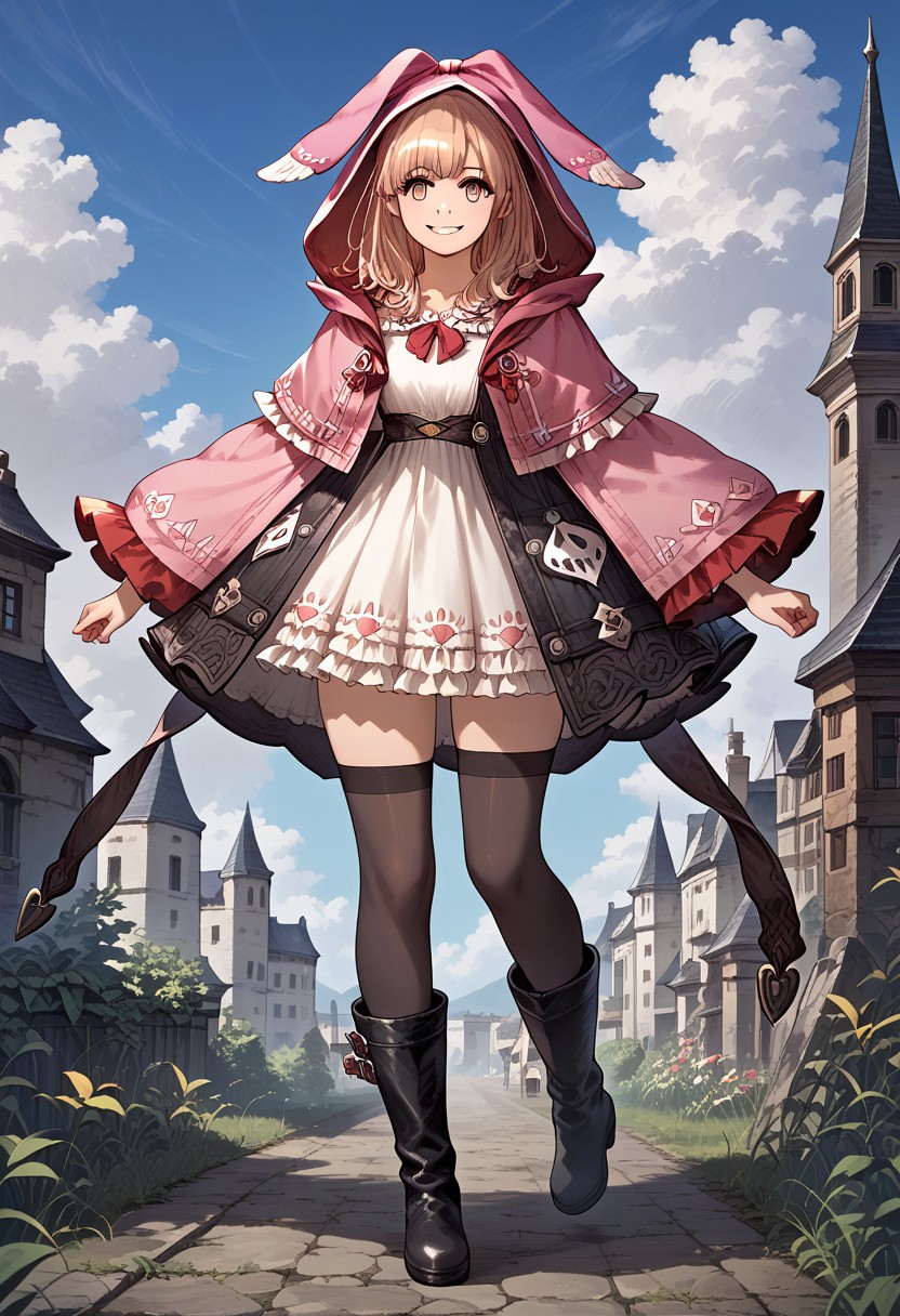 score_9, score_8_up, score_7_up, source anime, highly detailed, leela, 1girl, solo, thighhighs, leela_hood, smile, boots, leela_dress, sheath, outside,sky, full body,