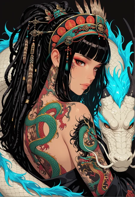 <lora:ck-shadow-circuit-IL:0.78>,
masterpiece, best quality, good quality, very aesthetic, absurdres, newest, 8K, depth of field, focused subject,
1girl, solo, hoop earrings, black hair, exotic hair, (hair ornament:1.4), detailed headdress, exotic headdress, glowing hair, feather, dreadlocks, (shaman), long hair, back tattoo, looking at viewer, from side, blunt bangs, upper body, arm tattoo, dragon tattoo, eastern dragon, shoulder tattoo, bare shoulders, long hair, brown eyes, yakuza, cuddling with eastern dragon, black background
<lora:MoriiMee_Gothic_Niji_Style_Illustrious_r1:0.45>
<lora:ck-nc-cyberpunk-IL-000011:0.4>
<lora:ck-neon-retrowave-IL:0.2>