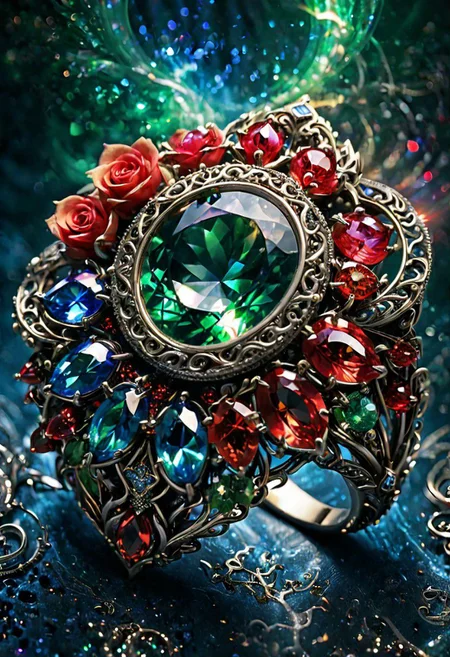 flower magic, focus on an elaborate ring, jewelry, ring, (intricate details), (hyperdetailed), 8k hdr, high detailed, lot of details, high quality, soft cinematic light, dramatic atmosphere, atmospheric perspective, (red aura, blue aura, green aura, black aura, white aura:1.4)