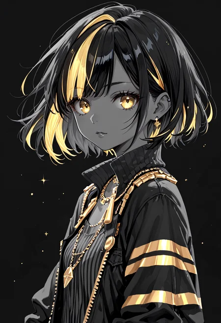 embedding:PonyScores7, solo, two-tone hair, two-tone hair, black hair, gold eyes, (black background), glow, neon,monochrome, glowneon <lora:Style\Monochrome_Neon_Glow_Style:0.95> <lora:Style\glowneon_xl_v1>