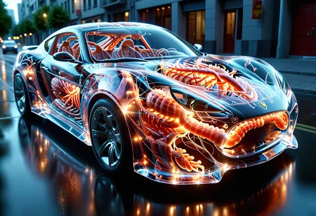 <lora:tranzp:1> tranzp style, sports car made of transparent clear glass, (driving a narrow street at night) <lora:cyberanatomy:0.5> cyberanatomy, blood vessels, intestines, colon, small intestine, guts, unidentifiable alien organs, nervous-system teeth, emblem,