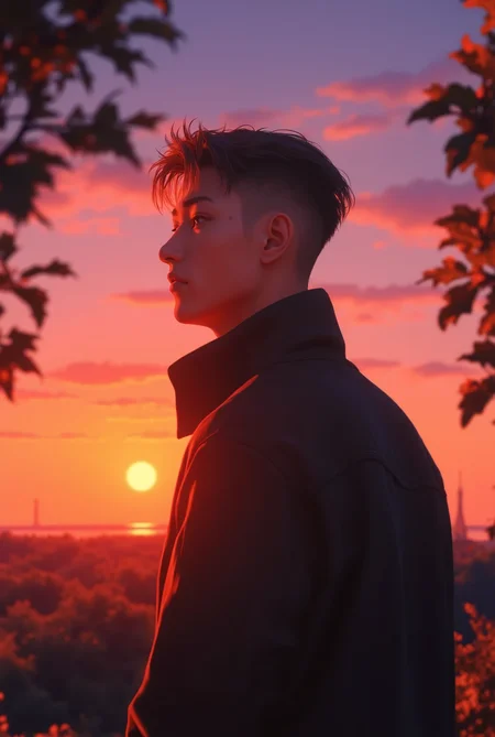 man wearing a jacket against a sunset with tree branches around him, 1boy, male focus, solo, looking at viewer, short hair, jacket, blurry, semi-realism anime