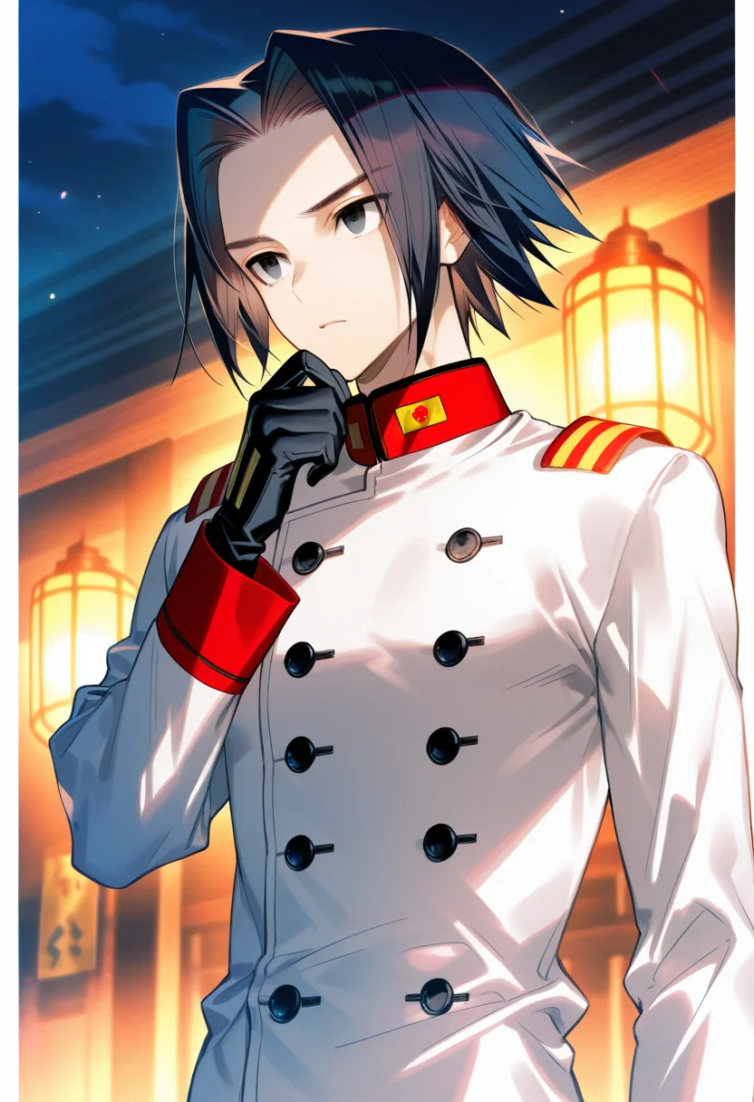artist:gomzi,artist:wanke,artist:diyokama, rei_(sanbonzakura),[[artist:fuzichoco]],year 2023,
1boy, solo, akatsuki \(akatsuki blitzkampf\), black eyes, black hair, short hair, forehead,
military uniform, imperial japanese army, white coat, double-breasted, black gloves,
night, upper body
<lora:uni_maleplayables.ilxl:01>