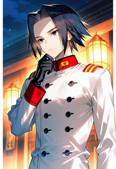 artist:gomzi,artist:wanke,artist:diyokama, rei_(sanbonzakura),[[artist:fuzichoco]],year 2023,
1boy, solo, akatsuki \(akatsuki blitzkampf\), black eyes, black hair, short hair, forehead,
military uniform, imperial japanese army, white coat, double-breasted, black gloves,
night, upper body
<lora:uni_maleplayables.ilxl:01>