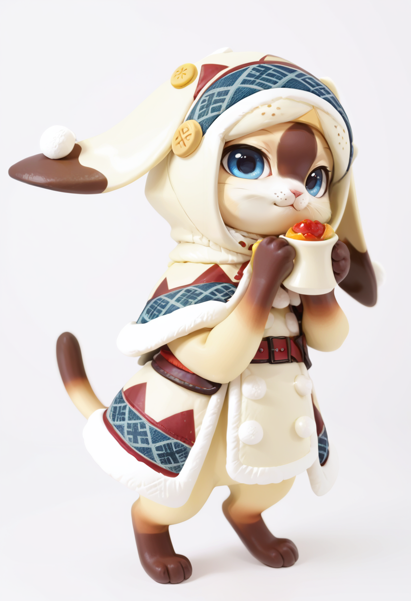 (score_9:0.9),score_8_up,score_7_up,rating_safe,anime style,(zPDXL),<lora:lagombi armor ponyXL v1:0.8>, lagombi cat, white cat, simple background, white background, full body, looking at viewer, holding, holding hood