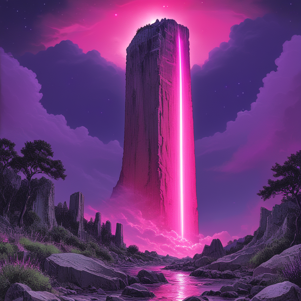 <lora:Hyperdetailed_IllustrationSDXL:1> ArsMJStyle, HyperDetailed Illustration, The image is a digital illustration of a tall tall rock formation in the middle of a rocky landscape. The rock formation appears to be a tall tower or a tall pillar with a pointed top and a flat base. It is surrounded by trees and shrubs on either side. The sky is filled with pink and purple clouds and there is a bright pink light emanating from the top of the tower creating a dramatic and awe-inspiring scene. The overall mood of the image is one of awe and wonder at the beauty of nature., no humans, scenery, sky, outdoors, cloud, star (sky), rock, tree, water, starry sky