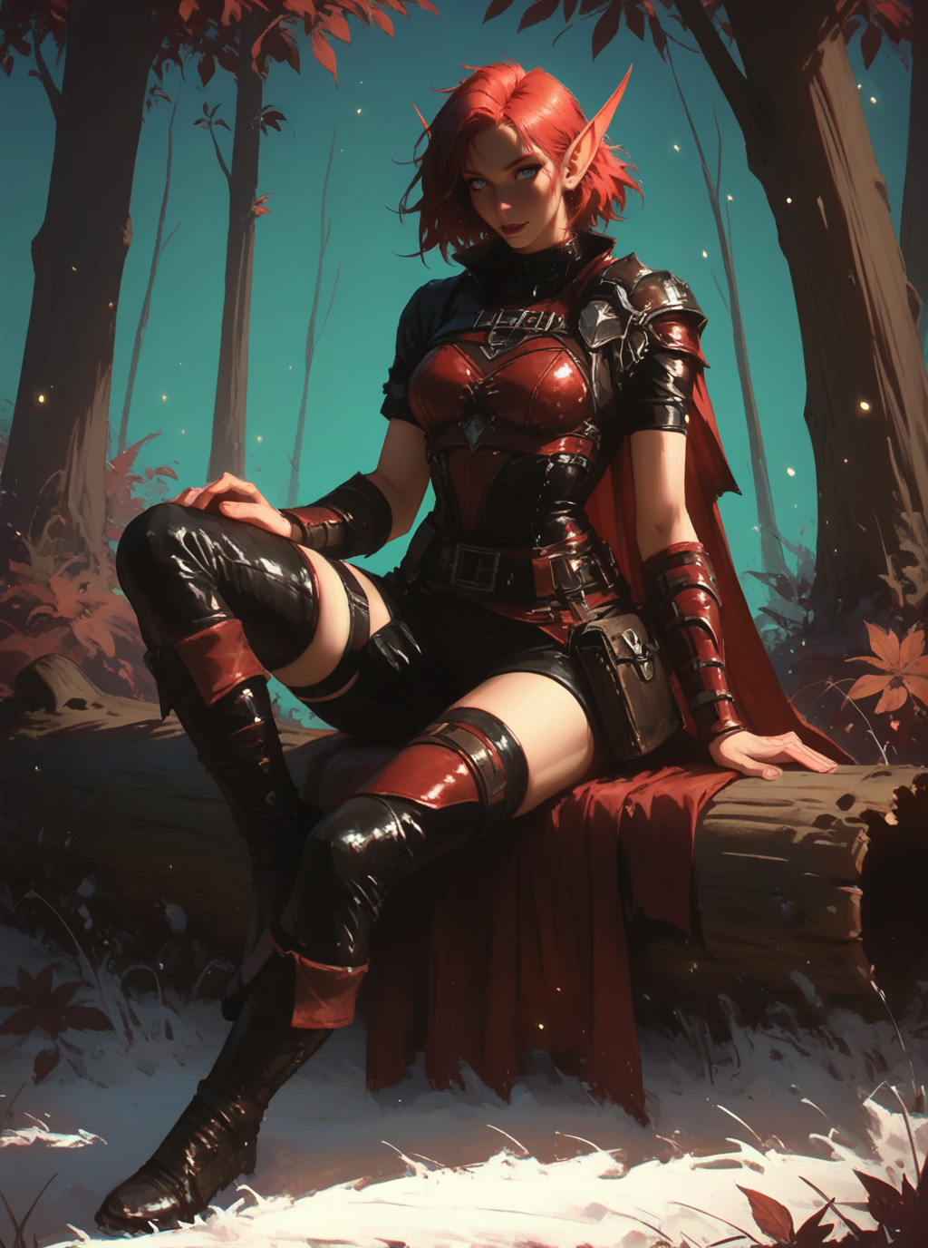 sref151032020, beautiful elf ranger girl sitting on wooden log in the woods, full body, leather armor, short red hair, leafs particles, legwear, boots, short sleeves, bracers, asymmetrical clothes, solo <lora:sxz-sref151032020:0.8>