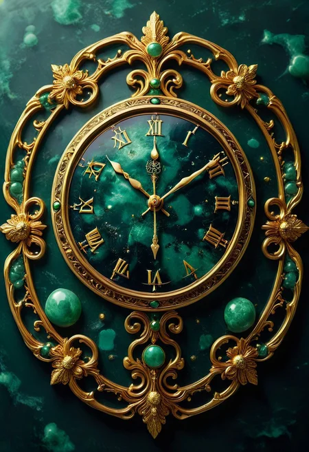 made from jade and obsidian, jade, obsidian,score_9, score_8_up, score_7_up, expensive looking, clock, golden clockhandsб golden metal pattern (mtlartCE_style)