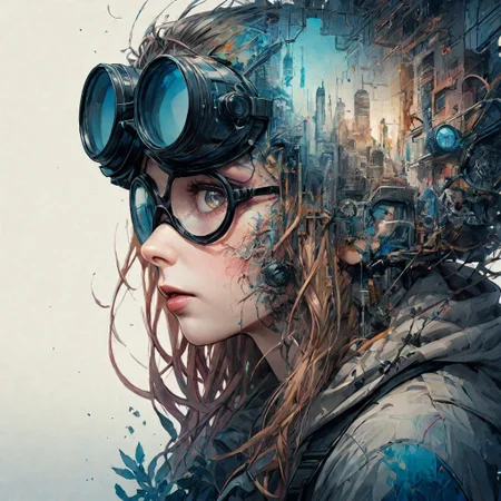 Quirky scientist with goggles, by Minjae Lee, Carne Griffiths, Emily Kell, Steve McCurry, Geoffroy Thoorens, Aaron Horkey, Jordan Grimmer, Greg Rutkowski, amazing depth,high resolution, ink painting