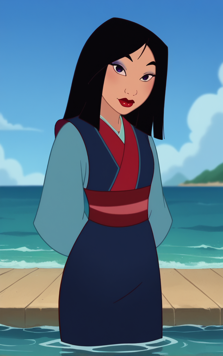 score_9, score_8_up, score_7_up, looking at viewer,  BREAK
BlueDress_Fa_Mulan_ownwaifu,  
1girl, black hair, black eyes, long sleeves, long hair, dark skin, lips, lipstick, bangs, makeup, red lips, hair over one eye, medium hair, parted bangs,
japanese clothes, korean clothes, kimono, hanbok, dress, sash, blue dress, puffy sleeves,
(wading, beach), head tilt, sidelighting, ocean, sky, water, caustics, cowboy shot, <lora:PONYXL_Fa_Mulan_Movie_ownwaifu:0.8> , depth of field, solo,