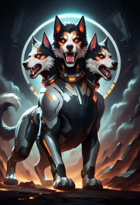 score_9, score_8,
science fiction, dust, a handsome cerberus, exploration bodysuit