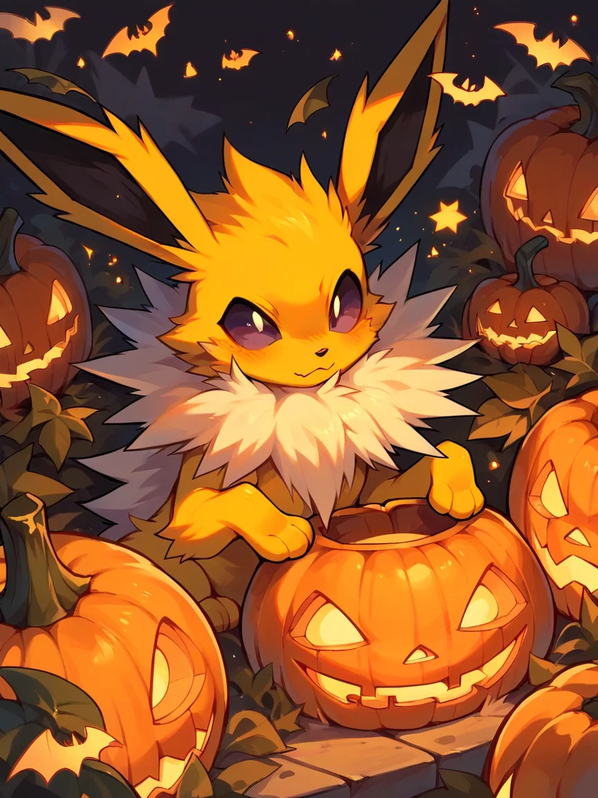 score_9, score_8_up, score_7_up, score_6_up, score_5_up,   <lora:halloweenpokemonXLP:0.7> halloween pokemon, no humans, jack-o'-lantern, (jolteon:1)