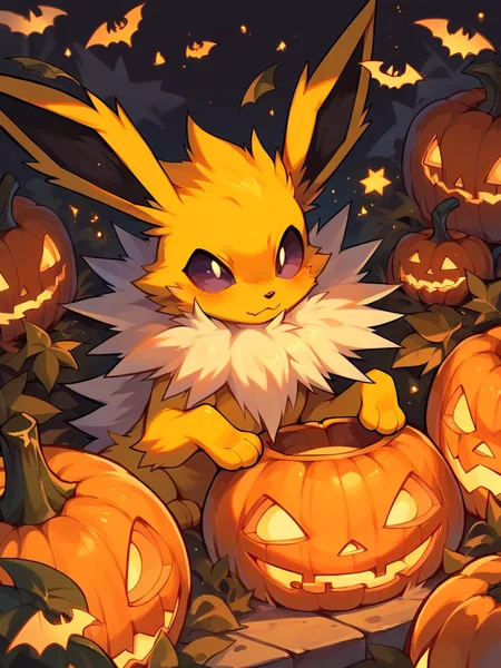 score_9, score_8_up, score_7_up, score_6_up, score_5_up,   <lora:halloweenpokemonXLP:0.7> halloween pokemon, no humans, jack-o'-lantern, (jolteon:1)