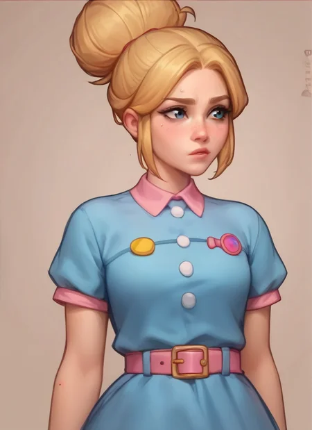 score_9, score_8_up, score_7_up, <lora:bspiper:1>bspiper , 1 girl blonde hair ,hair bun ,blue dress , ,pink belt ,upper body, ,short sleeves,short dress, <lora:Kittew-4RCH0N:1>