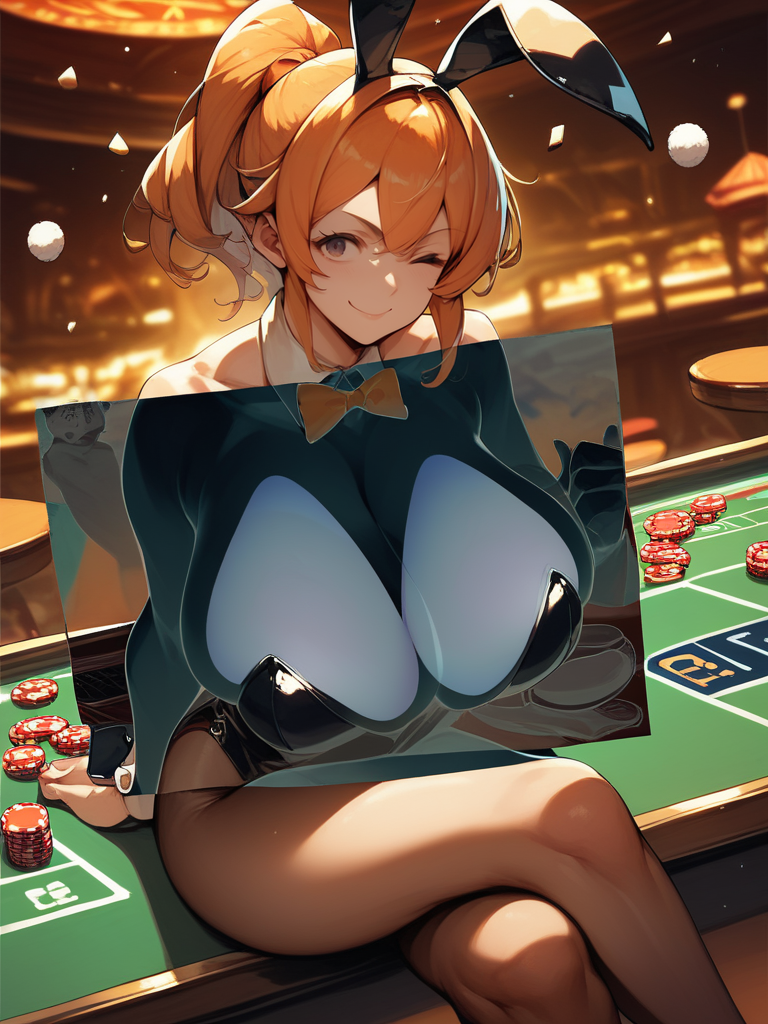 score_9,score_8,score_7,source_anime,<lora:breast_implants_x:1>,breast implants,x-ray,1 girl,smile,orange ponytail,bangs,casino,black playboy bunnysuit,bare shoulders,bare arms,one eye closed,bare arms,sitting on table,crossed legs,