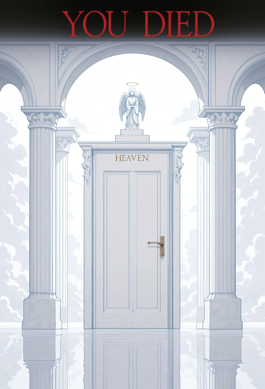 masterpiece, best quality, amazing quality, very aesthetic, incredibly absurdres, newest, highres, absurdres, volumetric lighting, scenery, no humans, heaven, heaven's gate, door, you died, text on door, clouds, ethereal, pillars, angel \(statues\), serene, dreamy, blending, white theme,fine art,straight on,llv2-illu