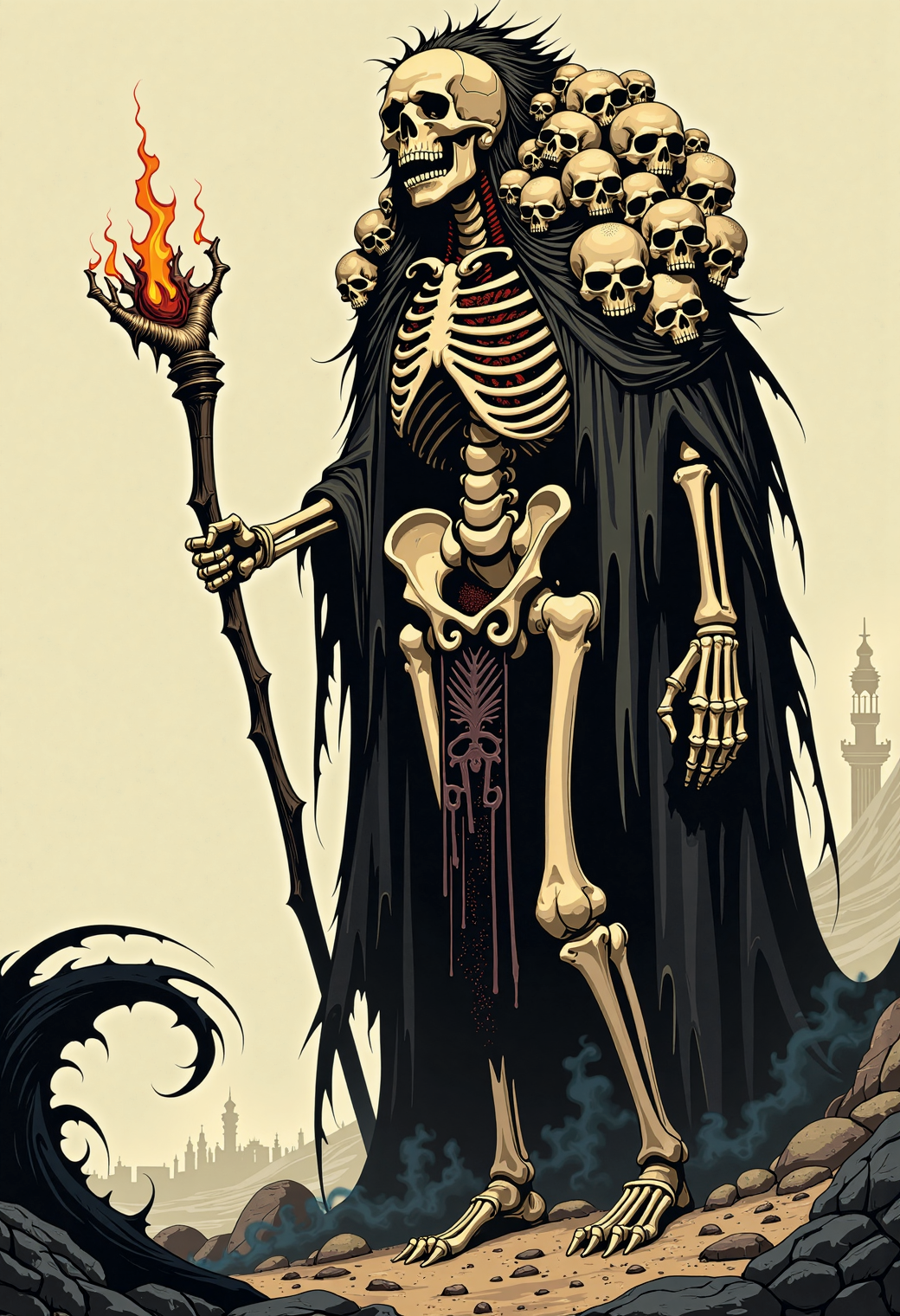 A hauntingly hyperrealistic concept art piece in a dramatic manga style, blending bold, expressive brushstrokes with a dark, abstract horror aesthetic. The scene features an immense human skeleton, towering over the environment, its body a macabre amalgamation of countless smaller skeletons forming its armor. The torso is a labyrinth of layered ribcages and skulls, cracked open to reveal swirling dead matter within. The skeleton's posture is hunched, its left leg formed from a dog's bone, contrasting with its right, human-like limb, creating a slow, limping gait. Draped in a tattered, shadowy cloak with bones and skulls protruding, the figure emerges from a desolate wasteland under a haunting, eerie light. Its skeletal hands grasp a massive, jagged scythe with a rough, curved blade, its handle a skeletal column. The atmosphere is thick with dread, illuminated by an ominous glow, casting long, ominous shadows that add to the unsettling horror of the scene., drkfnts style, psychedelic sketch.,Hyperrealistic horror concept art, manga style, dramatic abstract brushstrokes, gigantic human skeleton, smaller skeletons as armor, ribcages and skulls covering torso, hunched posture, dog's leg on left, human bone on right, slow limp, tattered shadowy cloak, bones protruding, skeletal hands, jagged scythe, rough curved blade, skeletal handle, desolate wasteland, eerie light, ominous glow, long shadows, unsettling atmosphere, bold expressive details, dark abstract elements, haunting imagery, hyper-detailed, cinematic lighting, intense shadows, vibrant color contrasts, dynamic composition, dramatic posing, intricate textures, bone-like structures, abstract horror, manga-inspired, hyperrealistic, concept art, horror, abstract, bold, dramatic, skeletal, scythe, dark, eerie, haunting, desolate, wasteland, intense, vivid, detailed, dynamic., drkfnts style, psychedelic sketch.,<lora:Illustration V5:0.22><lora:MoriiMee_Gothic_Niji_Style_FLUX:0.442><lora:sxz-Dark-Fantasy-v2-Flux:0.267> drkfnts style,<lora:Psychedelic_CMYK-000009:0.278> psychedelic sketch