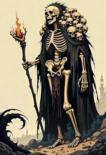 A hauntingly hyperrealistic concept art piece in a dramatic manga style, blending bold, expressive brushstrokes with a dark, abstract horror aesthetic. The scene features an immense human skeleton, towering over the environment, its body a macabre amalgamation of countless smaller skeletons forming its armor. The torso is a labyrinth of layered ribcages and skulls, cracked open to reveal swirling dead matter within. The skeleton's posture is hunched, its left leg formed from a dog's bone, contrasting with its right, human-like limb, creating a slow, limping gait. Draped in a tattered, shadowy cloak with bones and skulls protruding, the figure emerges from a desolate wasteland under a haunting, eerie light. Its skeletal hands grasp a massive, jagged scythe with a rough, curved blade, its handle a skeletal column. The atmosphere is thick with dread, illuminated by an ominous glow, casting long, ominous shadows that add to the unsettling horror of the scene., drkfnts style, psychedelic sketch.,Hyperrealistic horror concept art, manga style, dramatic abstract brushstrokes, gigantic human skeleton, smaller skeletons as armor, ribcages and skulls covering torso, hunched posture, dog's leg on left, human bone on right, slow limp, tattered shadowy cloak, bones protruding, skeletal hands, jagged scythe, rough curved blade, skeletal handle, desolate wasteland, eerie light, ominous glow, long shadows, unsettling atmosphere, bold expressive details, dark abstract elements, haunting imagery, hyper-detailed, cinematic lighting, intense shadows, vibrant color contrasts, dynamic composition, dramatic posing, intricate textures, bone-like structures, abstract horror, manga-inspired, hyperrealistic, concept art, horror, abstract, bold, dramatic, skeletal, scythe, dark, eerie, haunting, desolate, wasteland, intense, vivid, detailed, dynamic., drkfnts style, psychedelic sketch.,<lora:Illustration V5:0.22><lora:MoriiMee_Gothic_Niji_Style_FLUX:0.442><lora:sxz-Dark-Fantasy-v2-Flux:0.267> drkfnts style,<lora:Psychedelic_CMYK-000009:0.278> psychedelic sketch