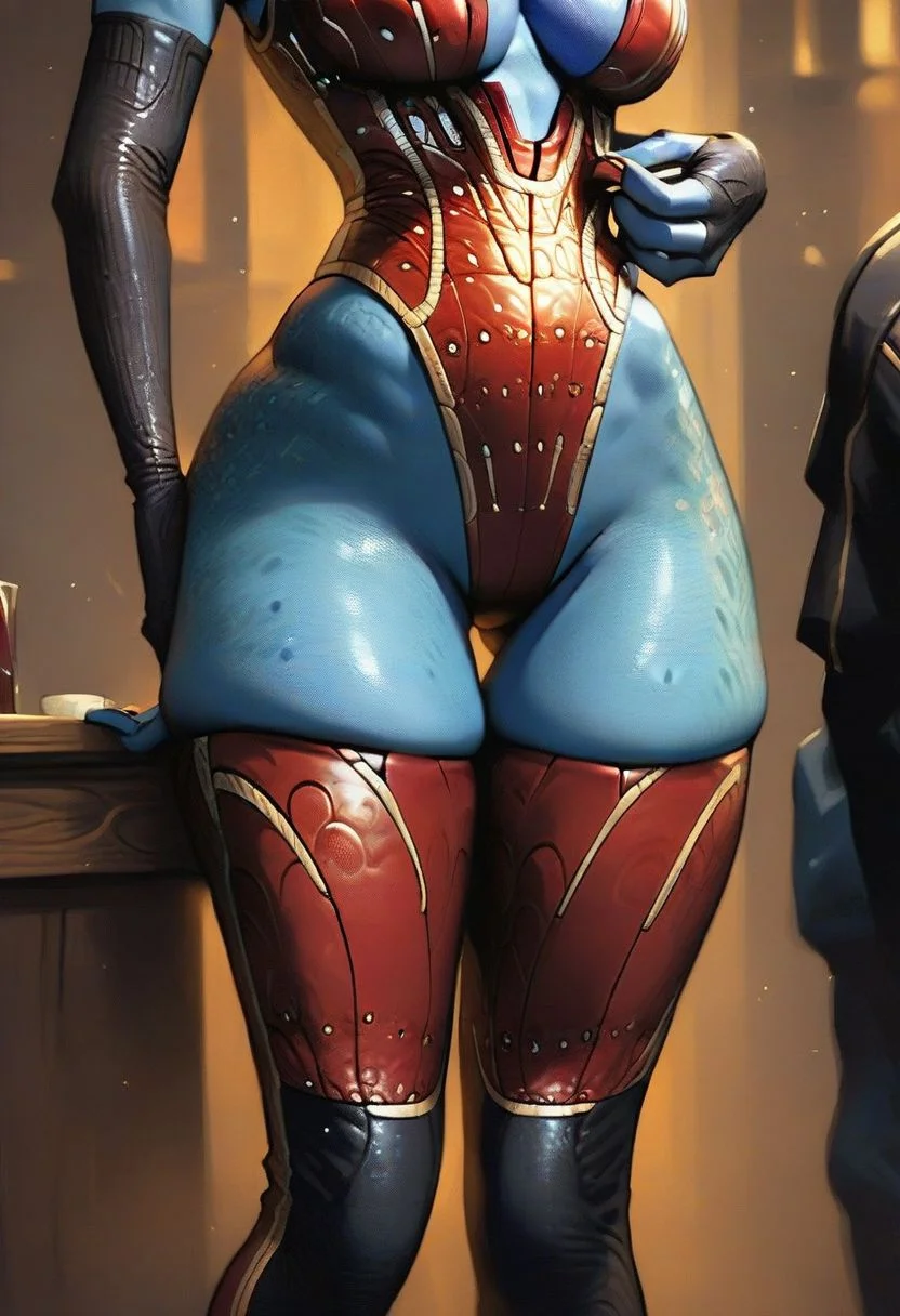 score_9, score_8_up, score_7_up, score_6_up, score_5_up, score_4_up,samara1, lower body shot,no hair, 1girl, alien, blue skin, solo, studio lighting, best quality, high detail, sharp focus, upper body focus, holding waistband, pulling pants, jewellery,red skintight pants without pockets, skindentation,thigh high boots,elbow gloves,tavern lighting,bar stools,bar behind girl