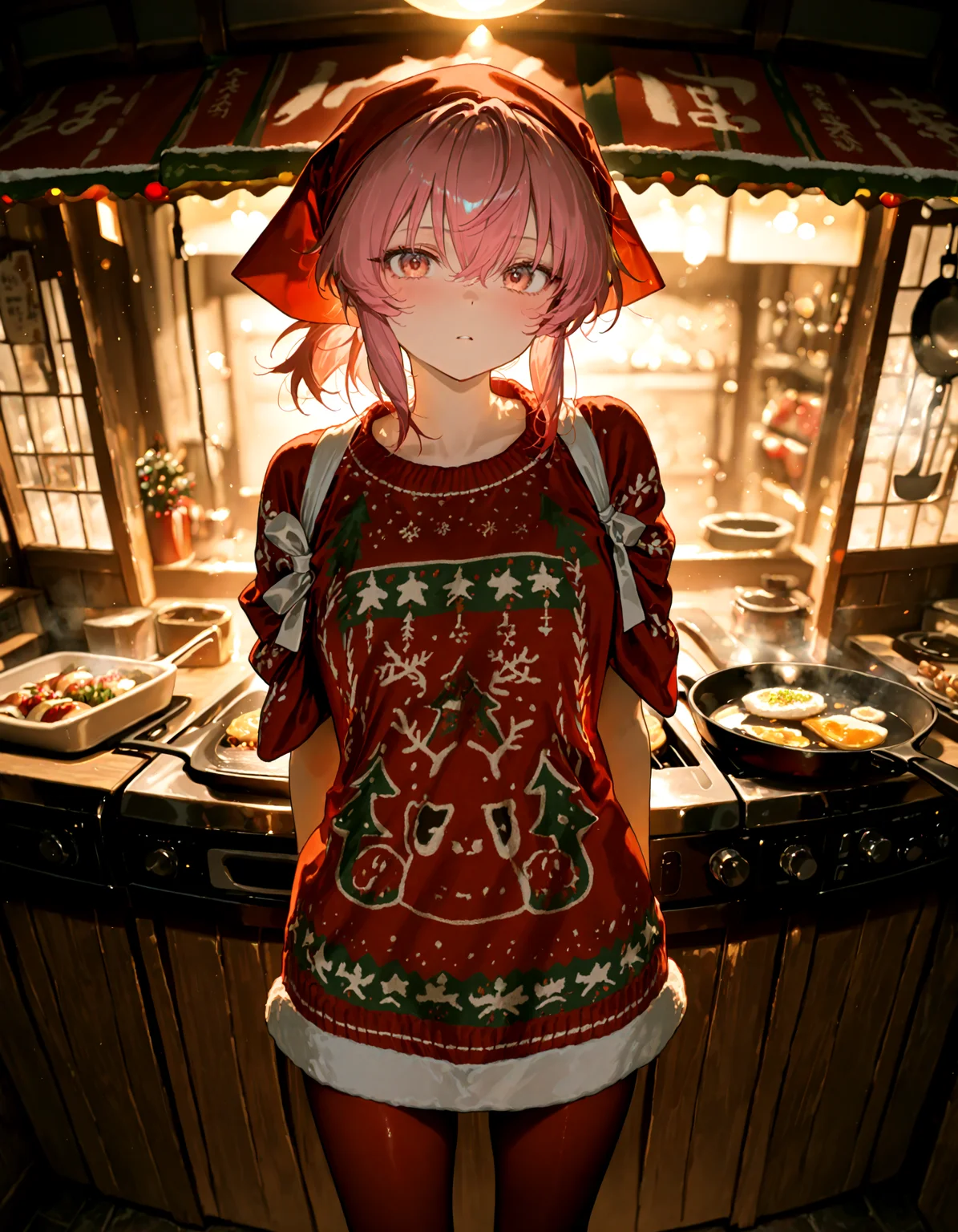 Christmas, dress, red pantyhose ,santa_hat ,Christmas sweater,
1girl, solo, okamisty, soft lighting, behind a food stand ,pink_hair, tasuki, yatai,frying_pan, holding_frying_pan,pov,looking at viewer,
masterpiece, best quality, amazing quality, very aesthetic, absurdres, newest, (volumetric lighting),
<lora:world_christmassweater:0.5>,<lora:cfg_scale_boost:0.5>, <lora:ponyv5_noobE11_1_adamW:0.5>, <lora:illustrious_noobai_epsilon_pred_1_best_quality_v1:0.5> ,<lora:illustrious_noobai_epsilon_pred_1_masterpieces_v1:0.5> ,<lora:illustrious_noobai_epsilon_pred_11_very_aesthetic_v1:0.5>