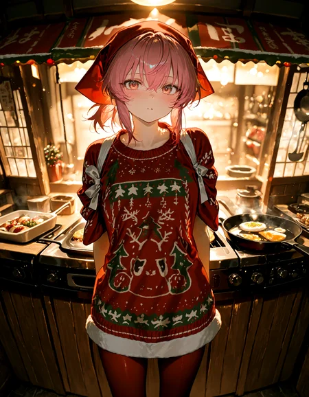 Christmas, dress, red pantyhose ,santa_hat ,Christmas sweater,
1girl, solo, okamisty, soft lighting, behind a food stand ,pink_hair, tasuki, yatai,frying_pan, holding_frying_pan,pov,looking at viewer,
masterpiece, best quality, amazing quality, very aesthetic, absurdres, newest, (volumetric lighting),
<lora:world_christmassweater:0.5>,<lora:cfg_scale_boost:0.5>, <lora:ponyv5_noobE11_1_adamW:0.5>, <lora:illustrious_noobai_epsilon_pred_1_best_quality_v1:0.5> ,<lora:illustrious_noobai_epsilon_pred_1_masterpieces_v1:0.5> ,<lora:illustrious_noobai_epsilon_pred_11_very_aesthetic_v1:0.5>
