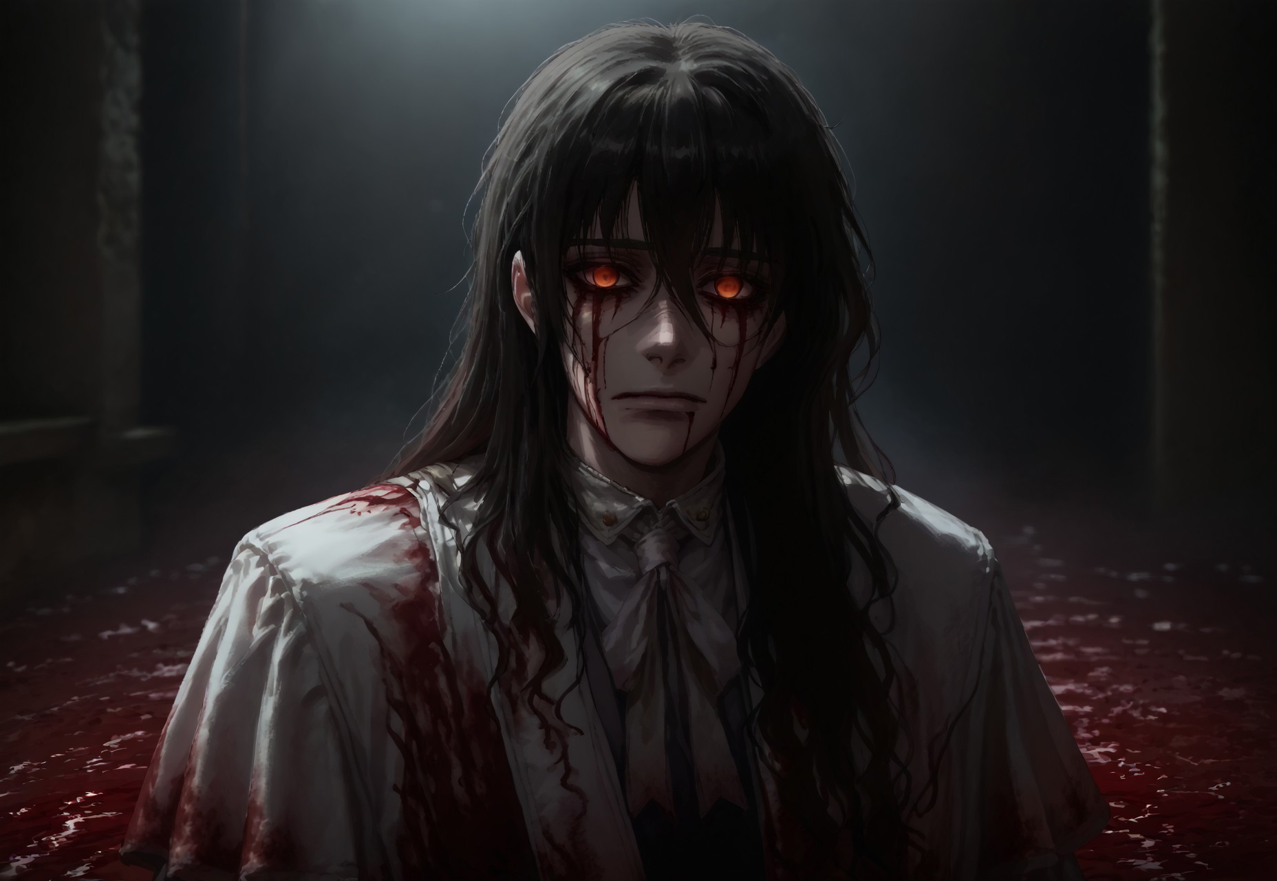 (score_9:0.9),score_8_up,score_7_up,rating_safe,anime style,(zPDXL), alucard \(hellsing\), red eyes, black hair, long hair, empty eyes, blood stained clothes, ((closed mouth)), BREAK
pond of blood,Reflections,bloody tears,Blood Bath,reflected in pond,reflected in blood, BREAK
Dark room, sitting curled up, curled up,