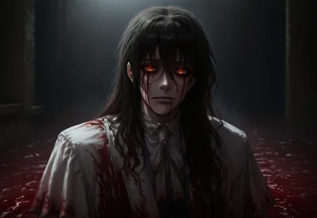 (score_9:0.9),score_8_up,score_7_up,rating_safe,anime style,(zPDXL), alucard \(hellsing\), red eyes, black hair, long hair, empty eyes, blood stained clothes, ((closed mouth)), BREAK
pond of blood,Reflections,bloody tears,Blood Bath,reflected in pond,reflected in blood, BREAK
Dark room, sitting curled up, curled up,